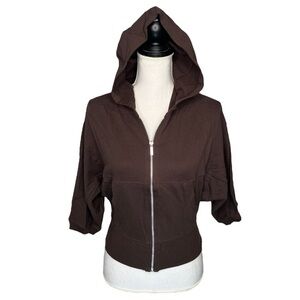 Tresics Zip Up Sweatshirt Hoodie Pockets Cropped Dolman Sleeves Brown M